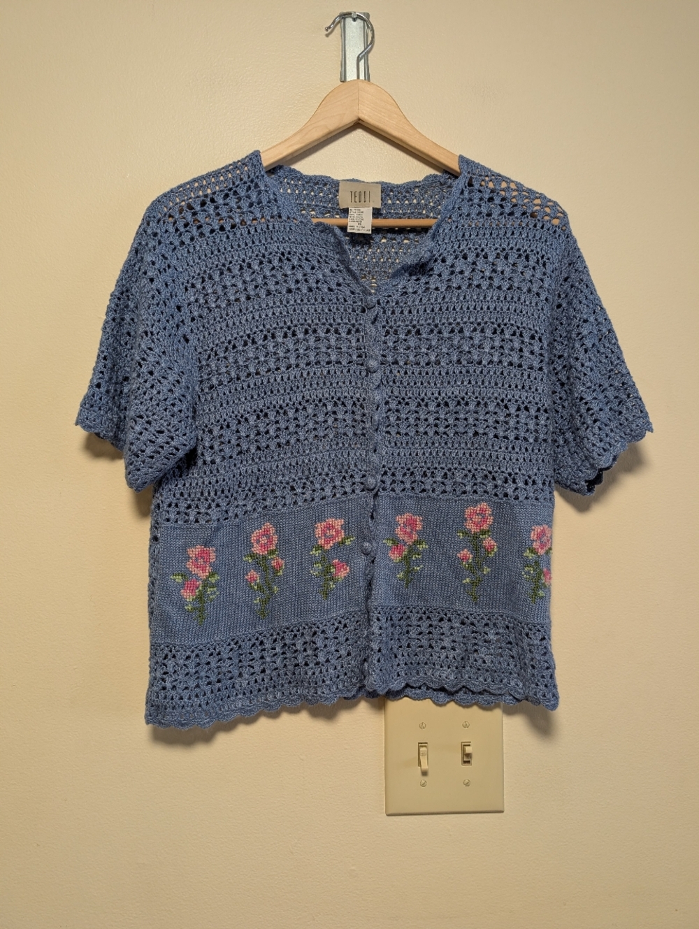 Teddi Y2K Blue Crochet Cardigan Floral Embroidered Short Sleeve M